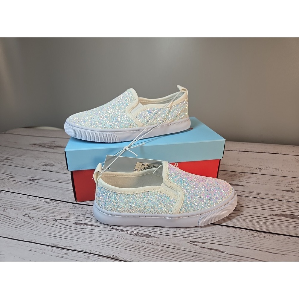 Cat & Jack Girl Size 10 Madigan White Glitter Sparkle Slip on Casual Shoes *New*